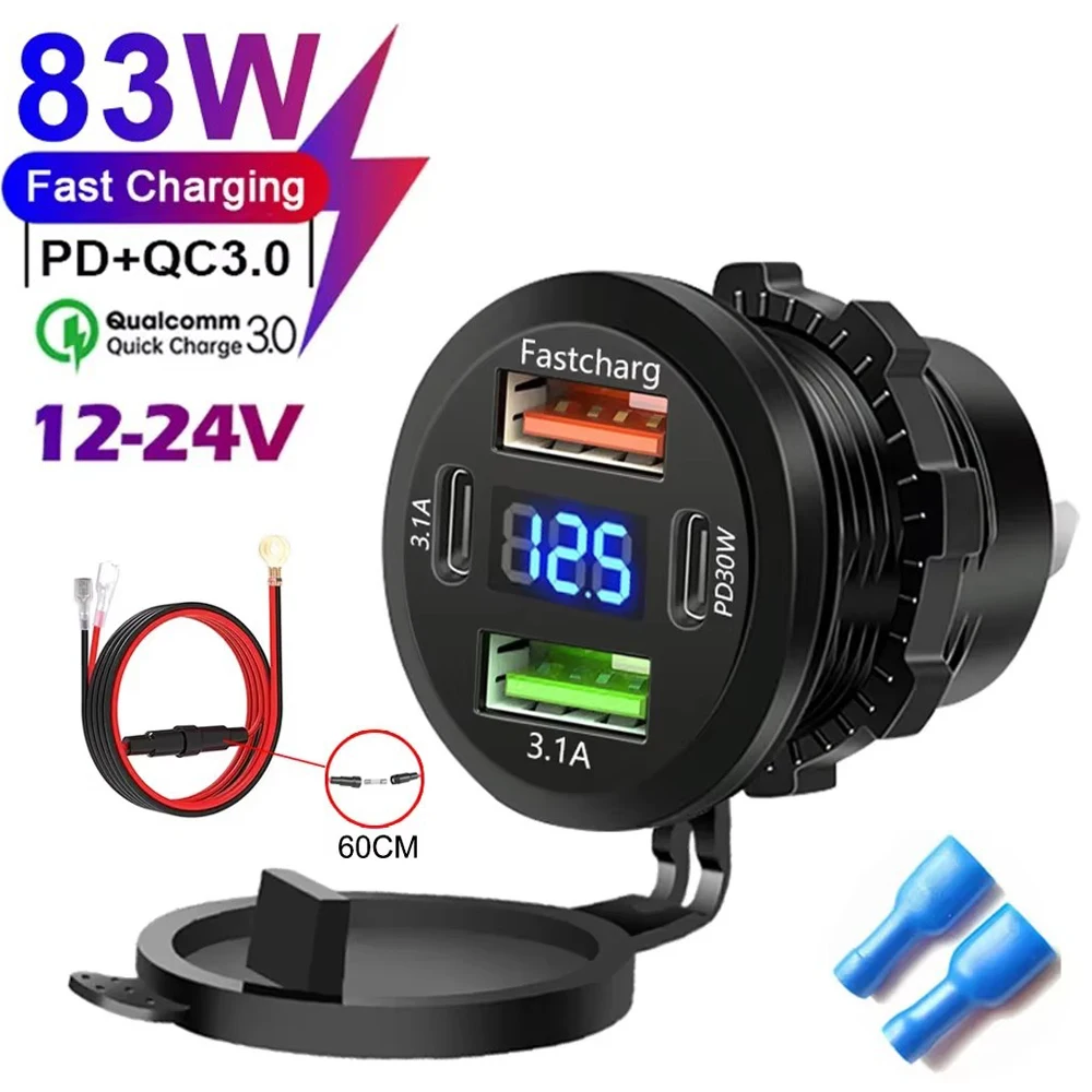 83W Autoladegerät Buchse PD30W Schnellladung Dual USB + Typ C Steckdose Telefon Netzteil mit Voltmeter für Motorrad LKW Boot