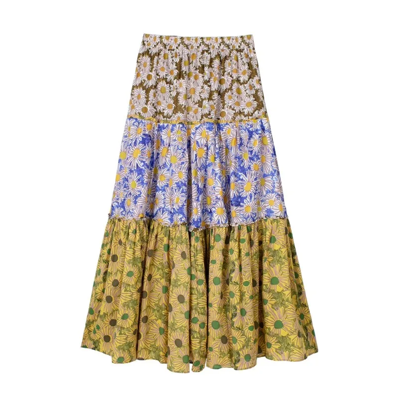 Spring Daisy Printed Maxi Long Boho Cotton Skirts with Sashes