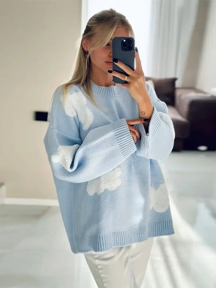 Sky Blue Cloud Printed Loose Knitted Jumper Tops Women O Neck Long Sleeve Sweaters Fashion Ladies Causal Street Pullovers 2024