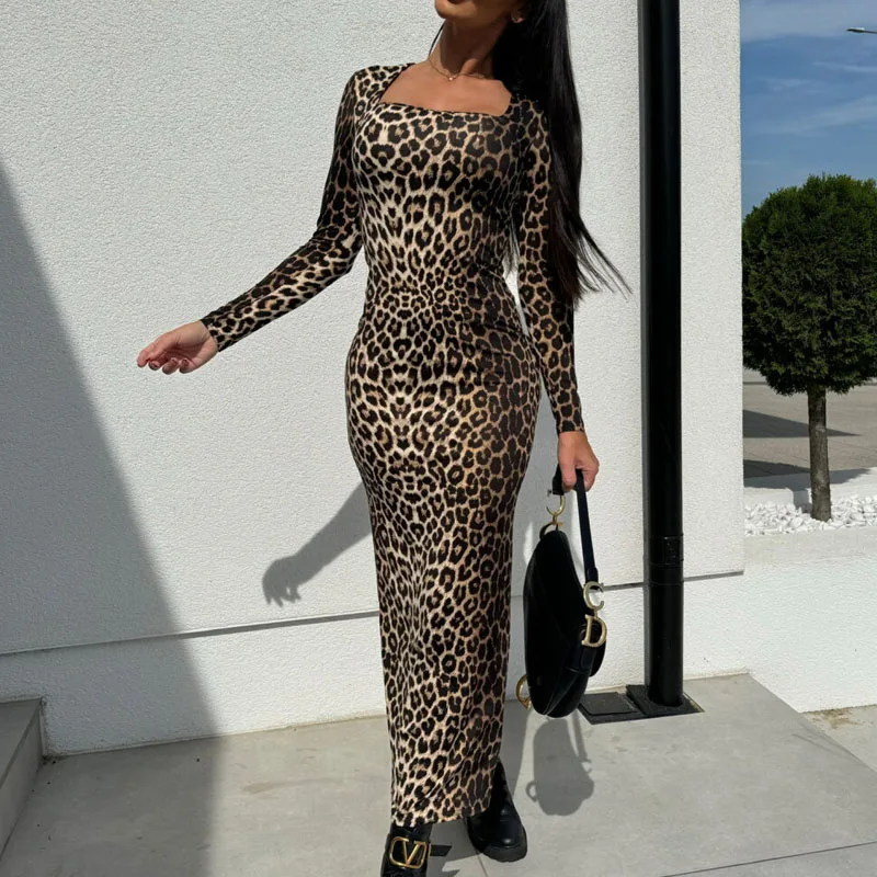 موضة جديدة مثير ليوبارد فستان مطبوع المرأة كم طويل قطع فستان الحفلات المرأة فساتين السهرة الطويلة نادي رداء
