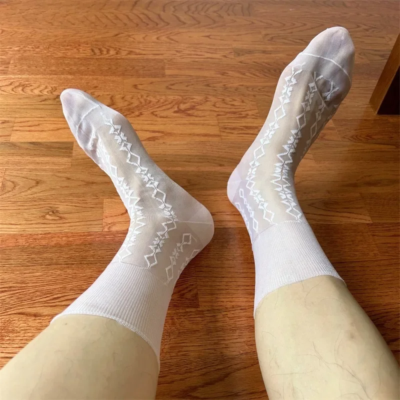 

New Man Sheer Socks Summer Sexy Loose Nylon See Through Mesh Jacquard Ribbed Mid-calf Socks Male Business Transparent White Sock