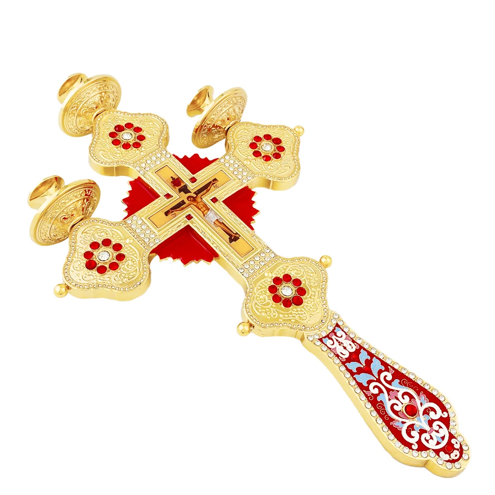 Orthodoxer Kreuz-Kerzenhalter aus vergoldeter Zinklegierung mit Jesus-Kruzifixion 16,3 Zoll Kirchenaltar-Dekoration Heim-Gebets-Religion-Geschenk – Detail 4