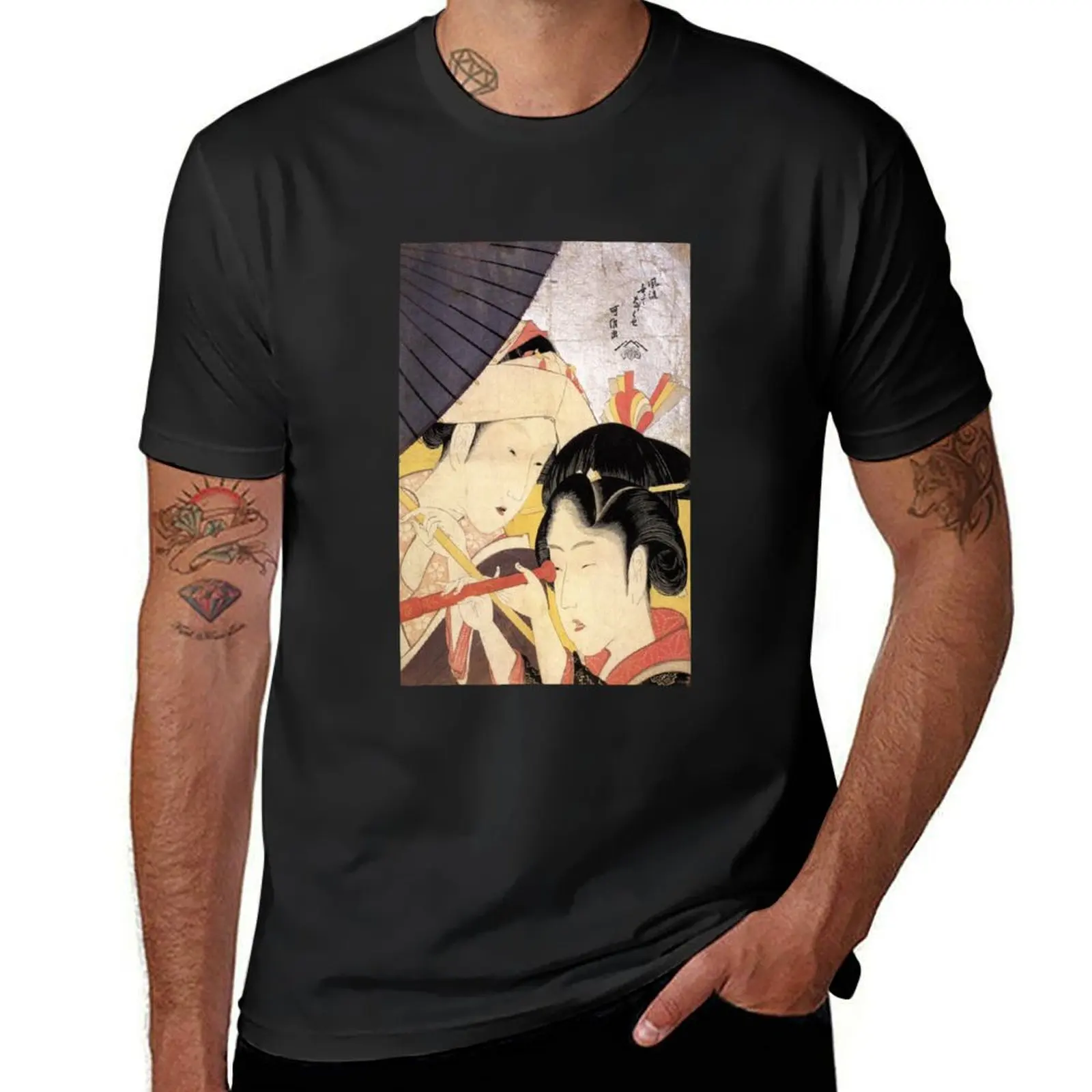 

Young Woman Looking Through a Telescope' by Katsushika Hokusai (Reproduction) T-Shirt oversizeds men workout shirt