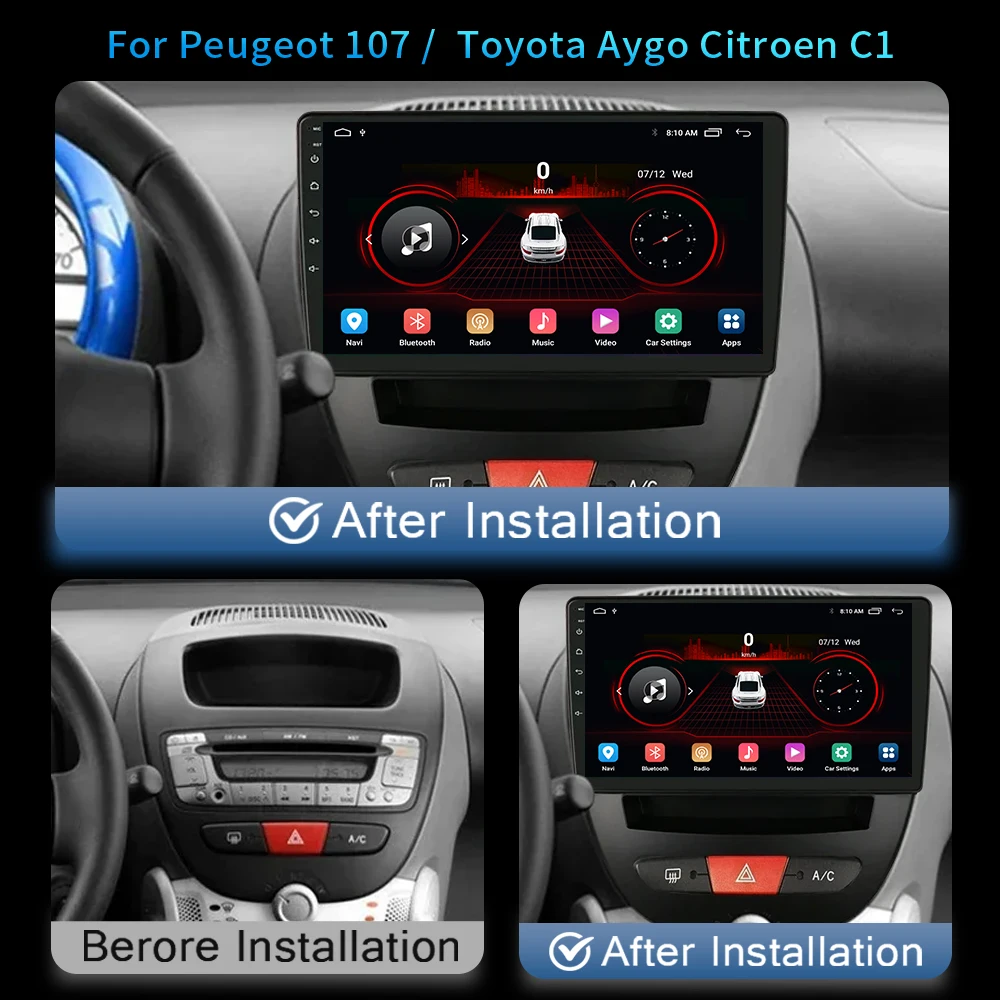 Reproductor de vídeo Multimedia para coche, navegador GPS, 4G, Carplay, 2 Din, estéreo, Android, para Peugeot 107, Toyota Aygo, Citroen C1, 2005-2014