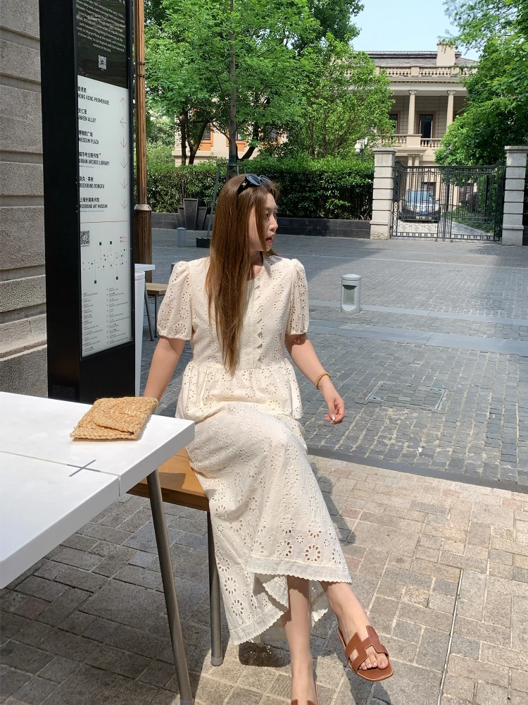 

Летний комплект NAZ: вышитый хлопковый топ с вырезами и длинная юбка больших размеров в корейском стиле для повседневной носки