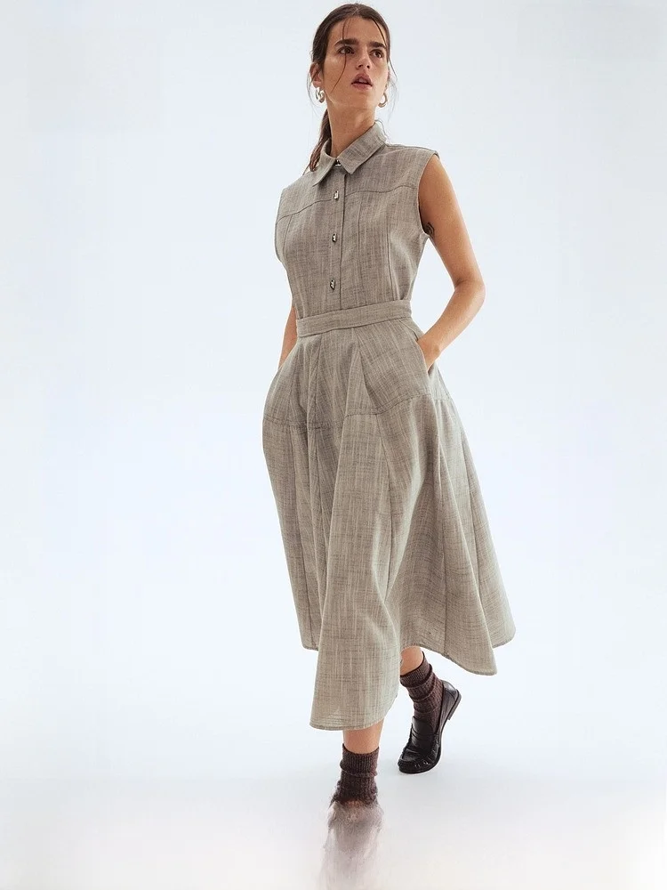 

High Waist A-Line Skirt HM Women's Faion Spring Autumn New Knitted round Hem Gown Polyester Fiber Casual Sle