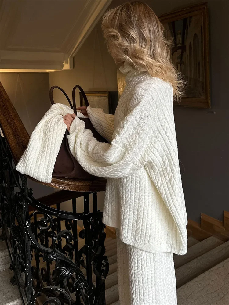 Tossy Knitwear Sweater 2 Piece-Set Women's Pants Outfits For Women Turtleneck Ribbed Loose Pullover And Wide Leg Trousers Sets