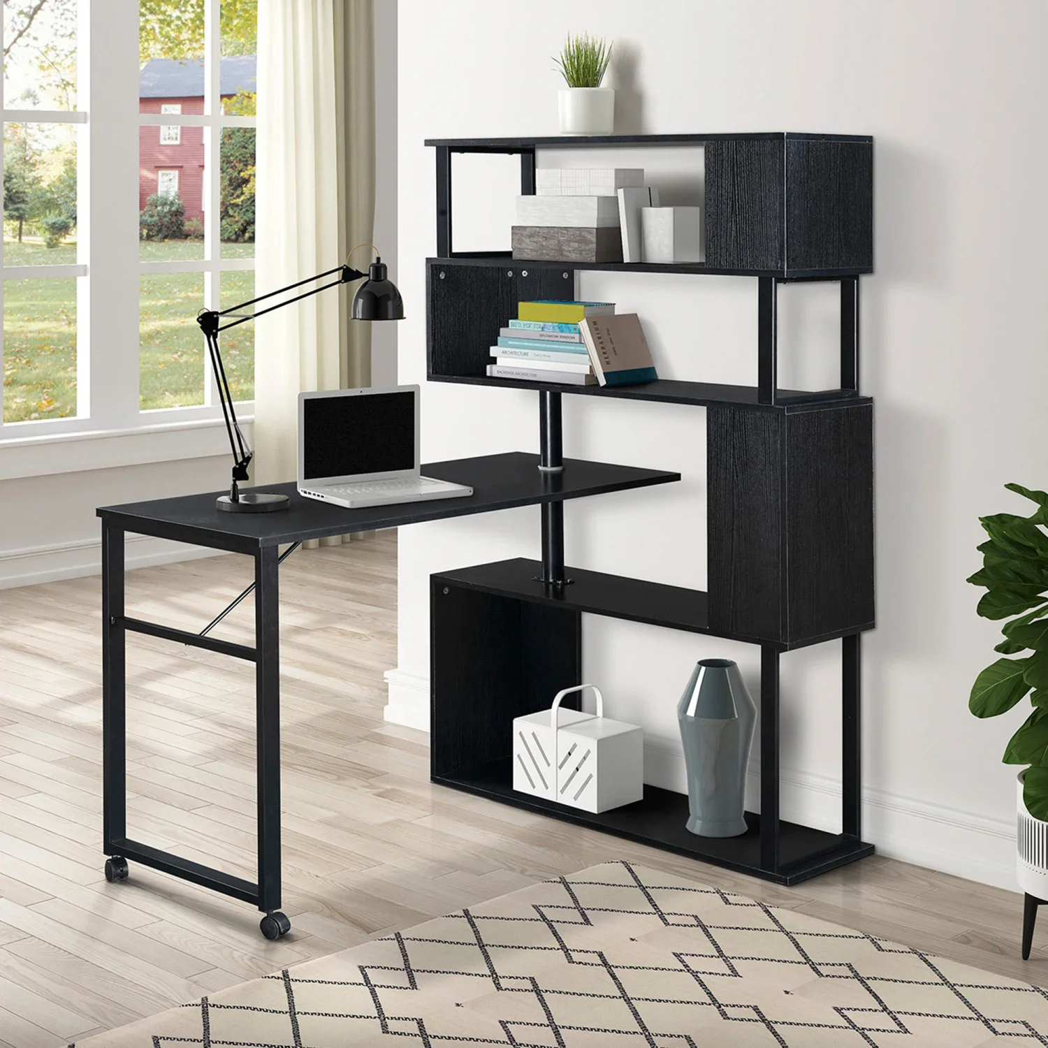Home Office Computer Desk L-Shaped Corner Table, Rotating Computer Table with 5-Tier Bookshelf, Four Installation Methods, Locka
