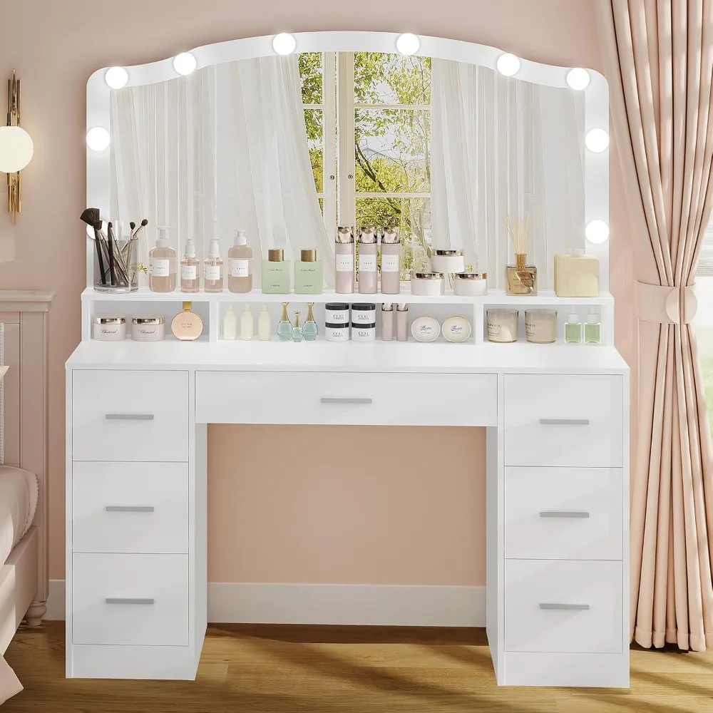 

43.3" Vanity Desk with Large Lighted Mirror, Makeup Vanity Table with 7 Drawers & 10 Lights Bulbs, 3 Lighting Colors