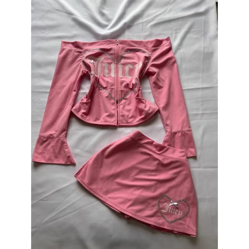 Y2K Cute Heart Rhinestone Two Piece Outfit Off Shoulder Flare Sleeve Top Mini Skirt 90s
