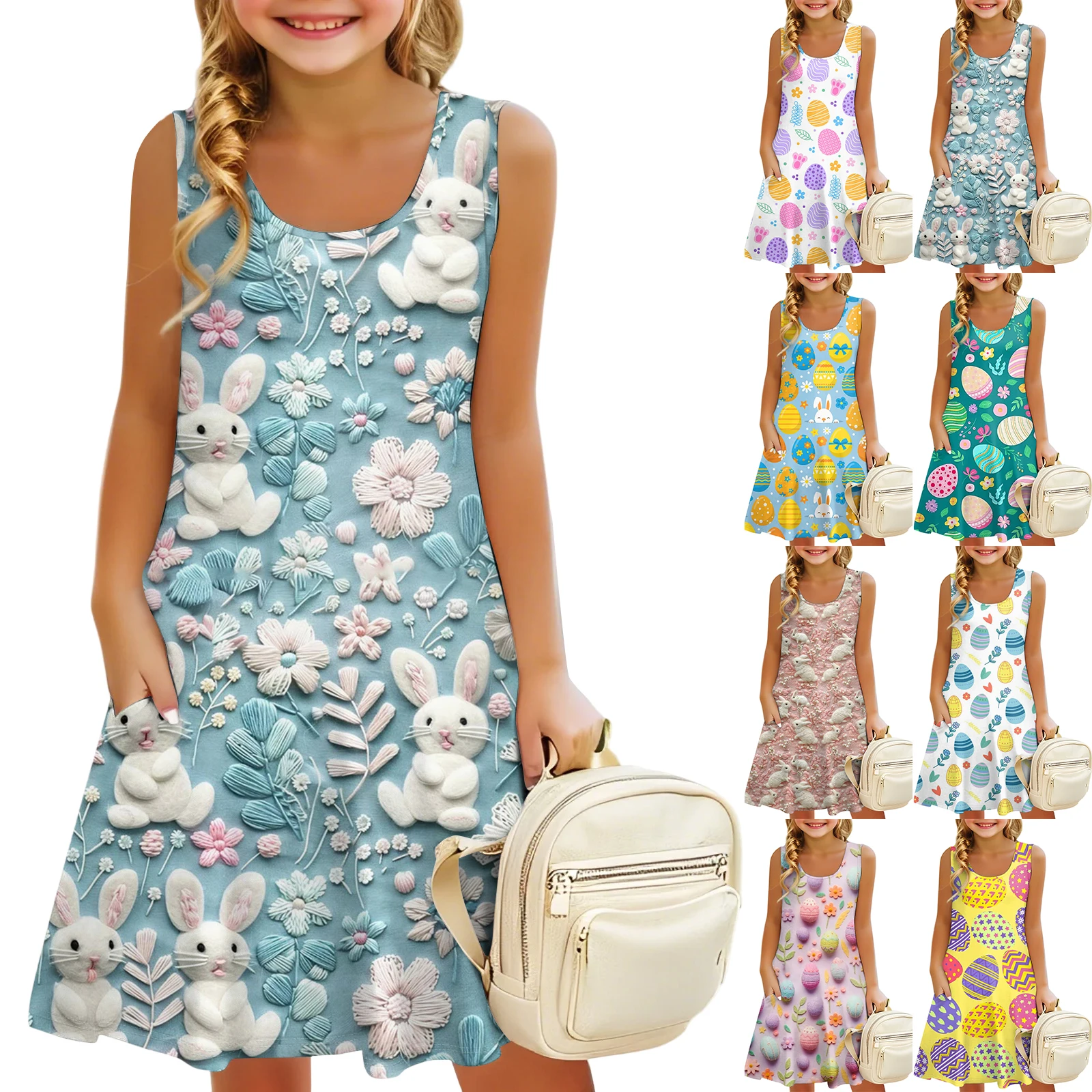 

Fashion Children's Sleeveless U-Neck Dress Spring Summer Kids Girls Easter Print Vest Dress Students Casual A-Line Dress