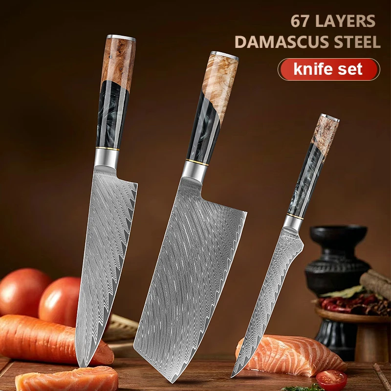 

1-3PC Set Damascus Steel Kitchen Knives, Japanese chef knife ,Cleaver Knife, Boning knife ,Sharp Cooking Knife Tools