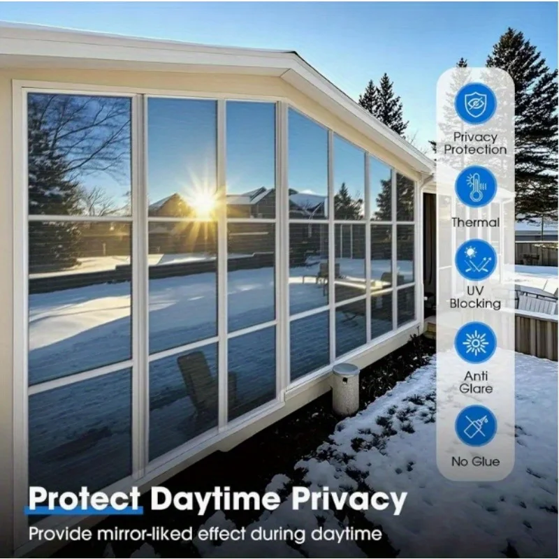 Black Silver Privacy Window Film Non Adhesive Heat Control Cuttable Removable UV Block for Balcony Bedroom Office Glass