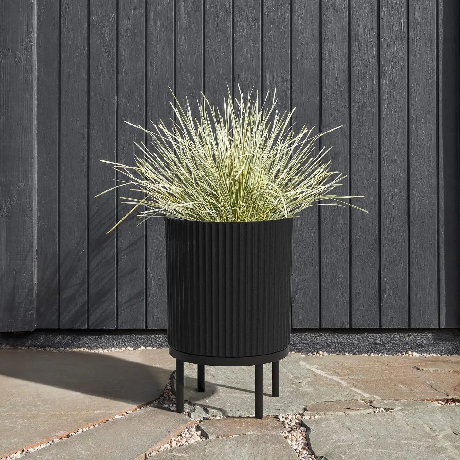 Series Round Planter w/ Stand for Porch/Patio | Durable Plastic-Concrete & Wooden Stand | Modern Décor for Tall Plants, Flowers