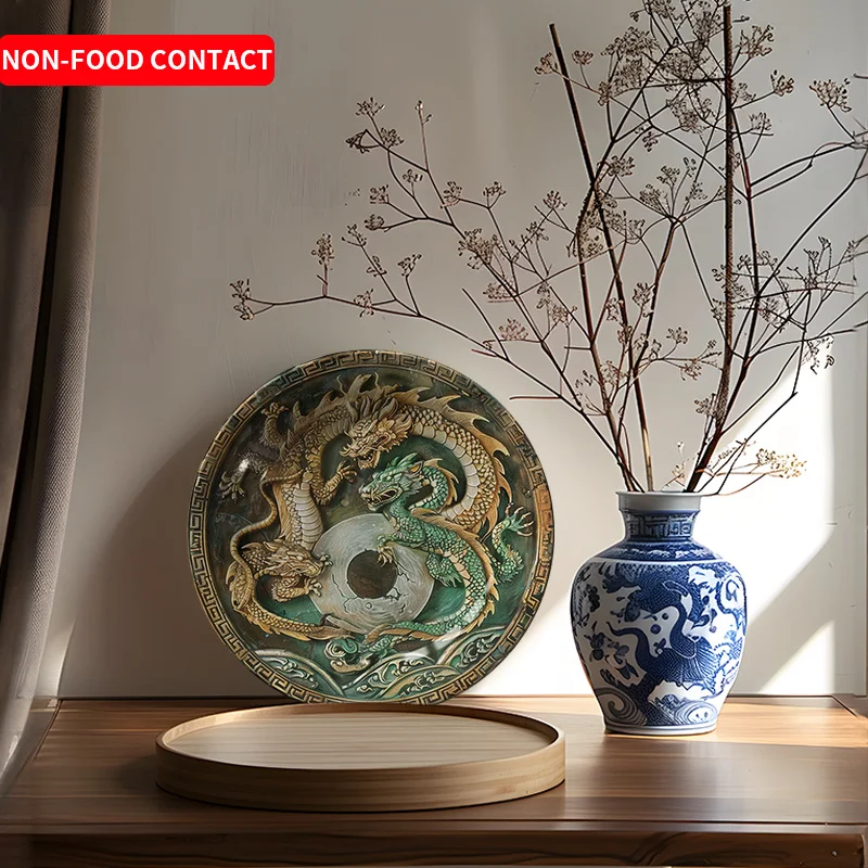 1pc Chinese Style Ceramic Wall Art Plate - Double Dragon Design with Floral Motifs, Circular Non-Food Contact Home Decor for