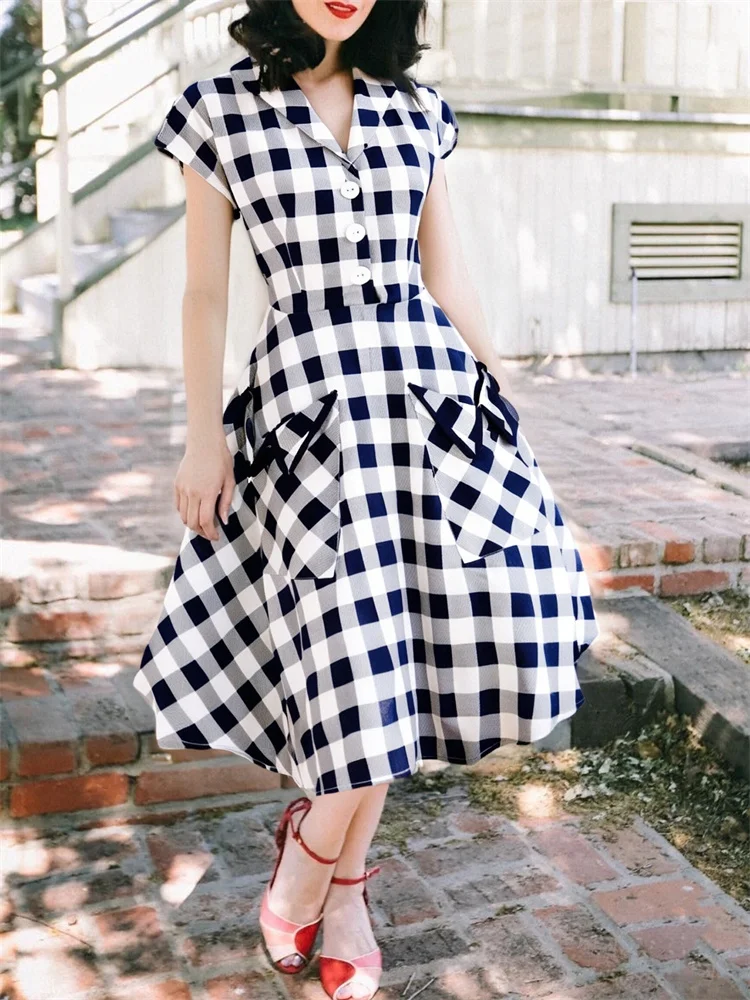 2025 เปิดลงปกVINTAGE Casualฤดูร้อนชุดสตรีกระเป๋าขนาดใหญ่ 1950s 60s Elegant A Lineรันเวย์พรหมค็อกเทล