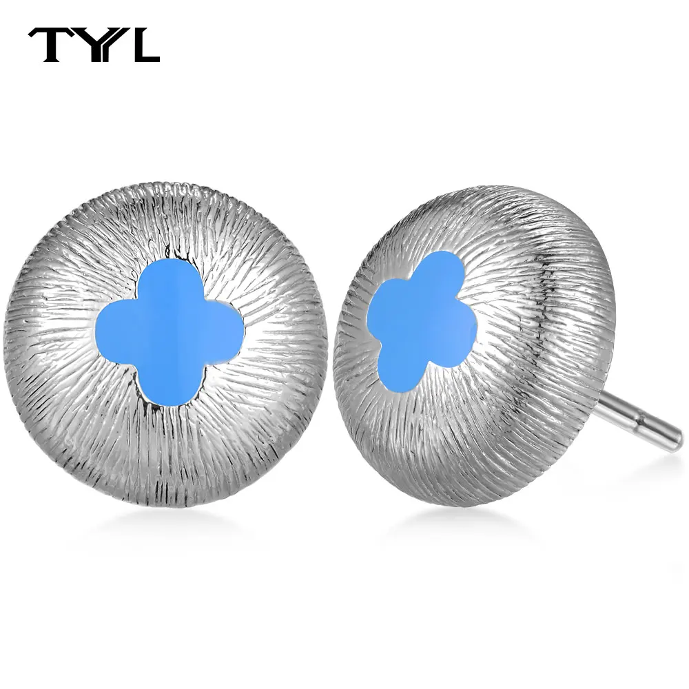 

TYYL Blue Four Leaf Clover Sea Shell Stud For Women Solid 925 Sterling Silver Piercing Needle Round Frosted Earrings Ear Jewelry