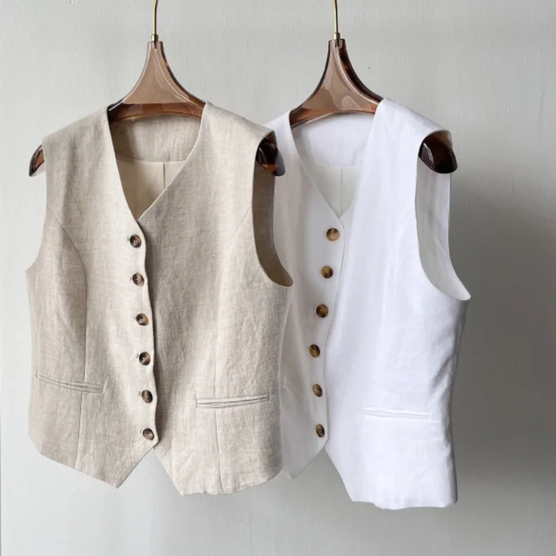 2024 Spring and Summer New Classic Basic Models Linen Vest Women Casual Sleeveless Tops