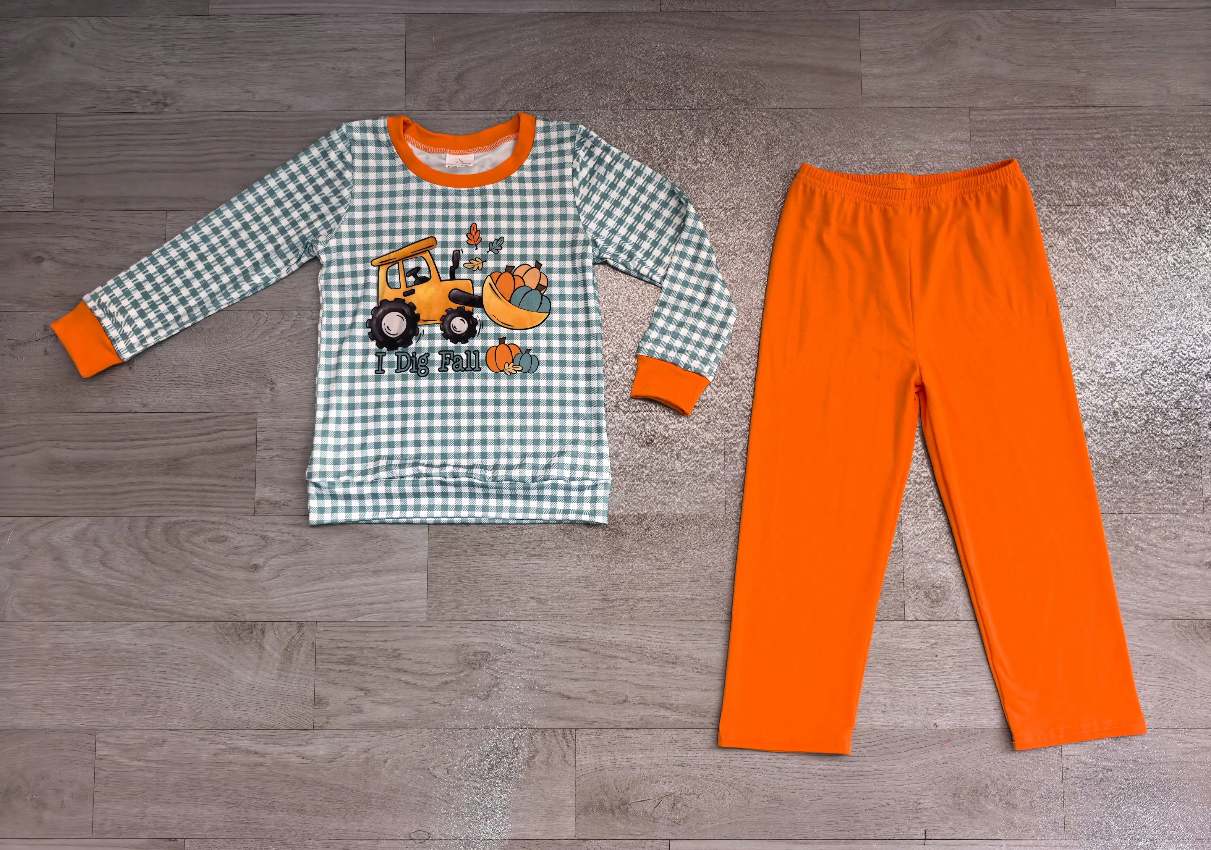 Wholesale Toddler Baby Kids Thanksgiving Outfit Clothes Boy Pumpkins Tractor Plaid Shirt Children Orange Cotton Pants Fall Set