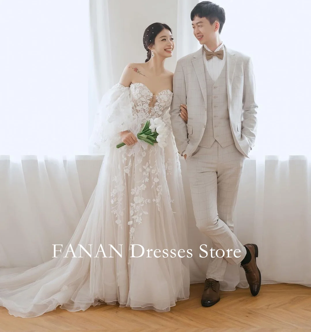 

FANAN Korea Sweetheart Tulle Appliques A-Line Wedding Dresses 웨딩드레스 Puffy Sleeves Simple Custom Made Bride Gowns Plus Size