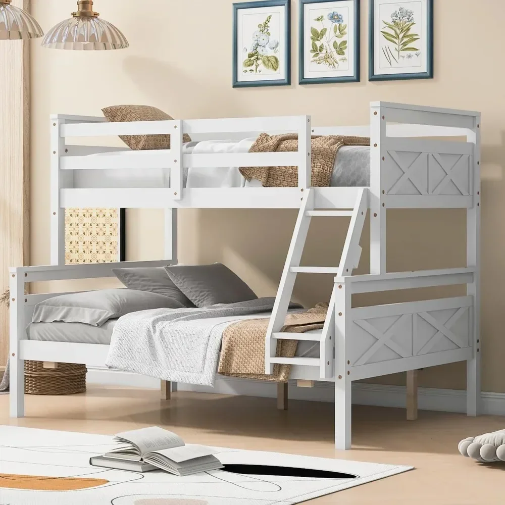 Bunk Bed, with Ladder Safety Guardrail Sturdy Wood Beds Frame Easy Assembly Space-Saving Design for Bedroom, Wood Bunk Bed Frame