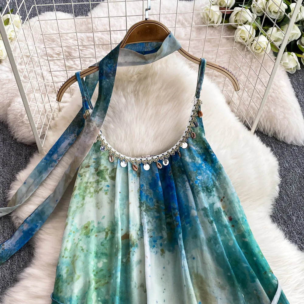 Verão elegante tie dye midi vestido para mulheres fita tule costura em camadas queimado feminino vestidos de baile novo em 2025 rendas até chique