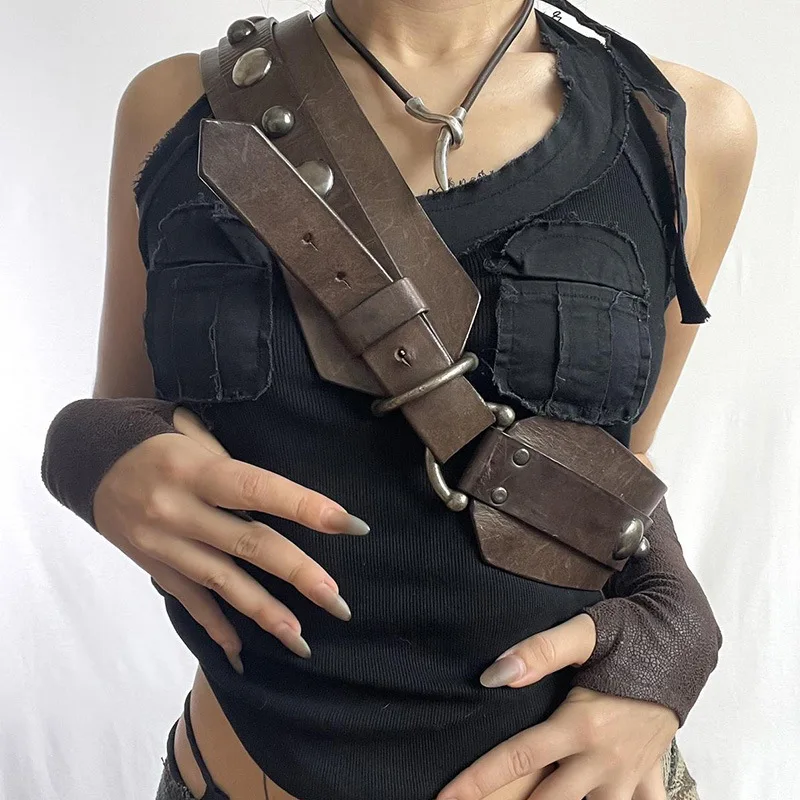 Punk Retro Brown Rivet Punched Waistband With Wide Hem Mountaineering Crossbody Leather Military Style Decorative Waist Chain