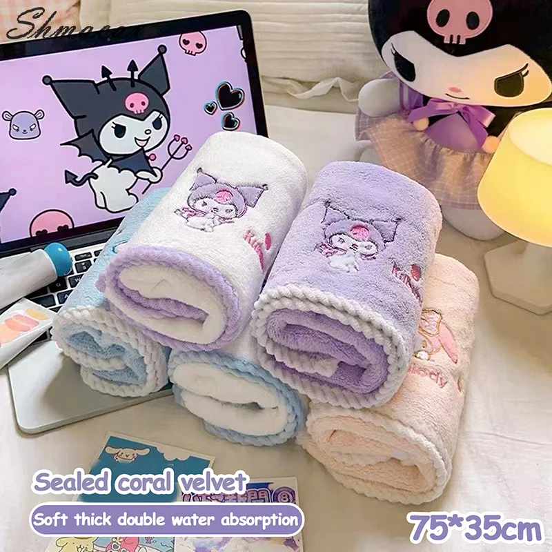 75*35cm Kawaii Sanrio Kuromi Coral Fleece Towel Anime My Melody Pochacco Cinnamoroll Absorbent Thicken Face Towel