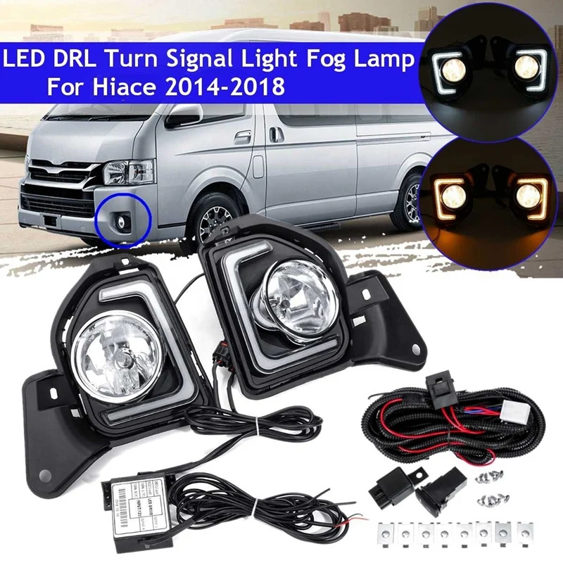 

LED DRL Daytime Running Lights Fog Lamp Assembly For Daylights Wires Switch Turn Signal Toyota Hiace 2014-2018