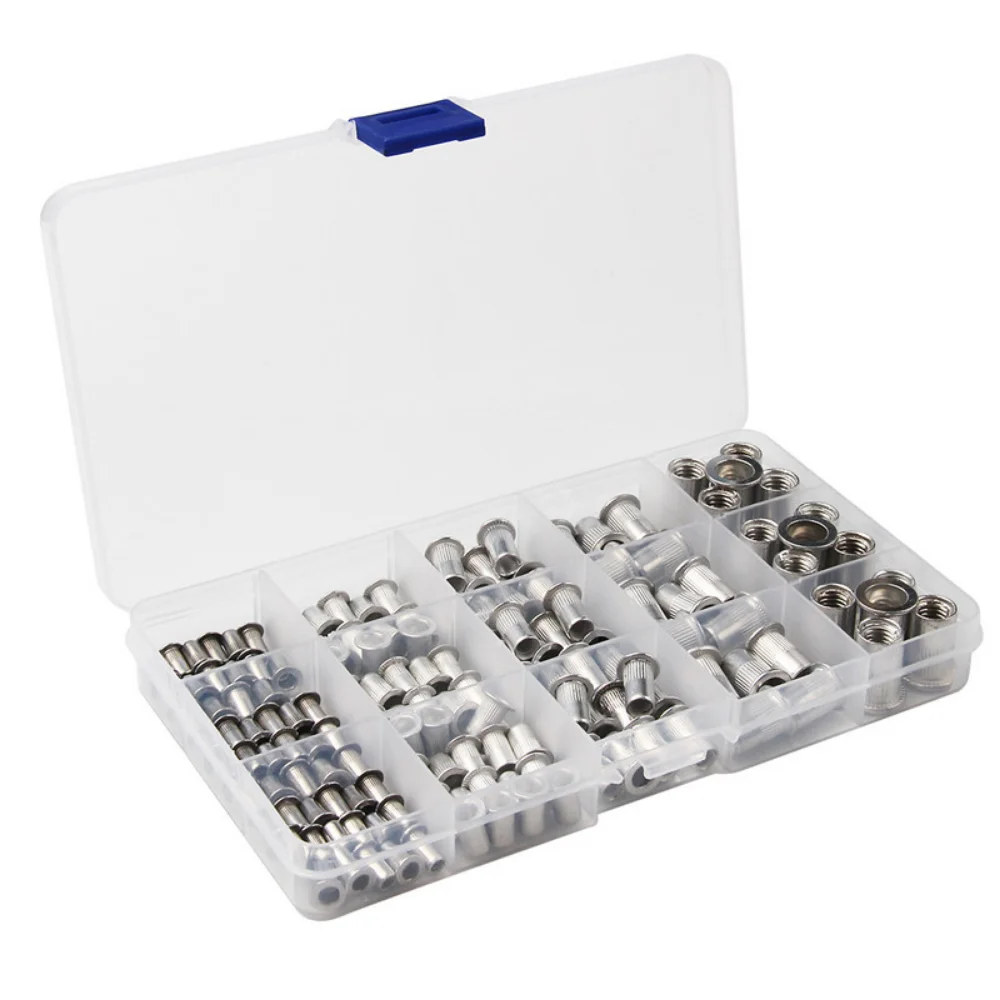 100/150PCS M3- M8 Aluminum Rivet Nuts Knurled Riveting Nuts Flat Head Threaded Riveting Insert Nutsert Cap with 1PC Crimp Plier