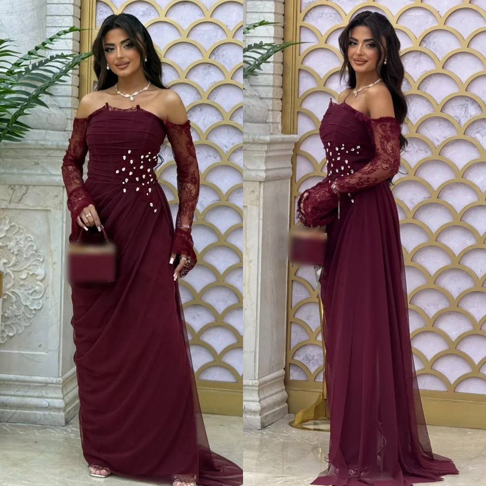 

Customized Women Luxury Evening Pleat Lace Rhinestone Off-the-shoulder Long Dresses Bespoke Occasion Glitter Party Gown Charming