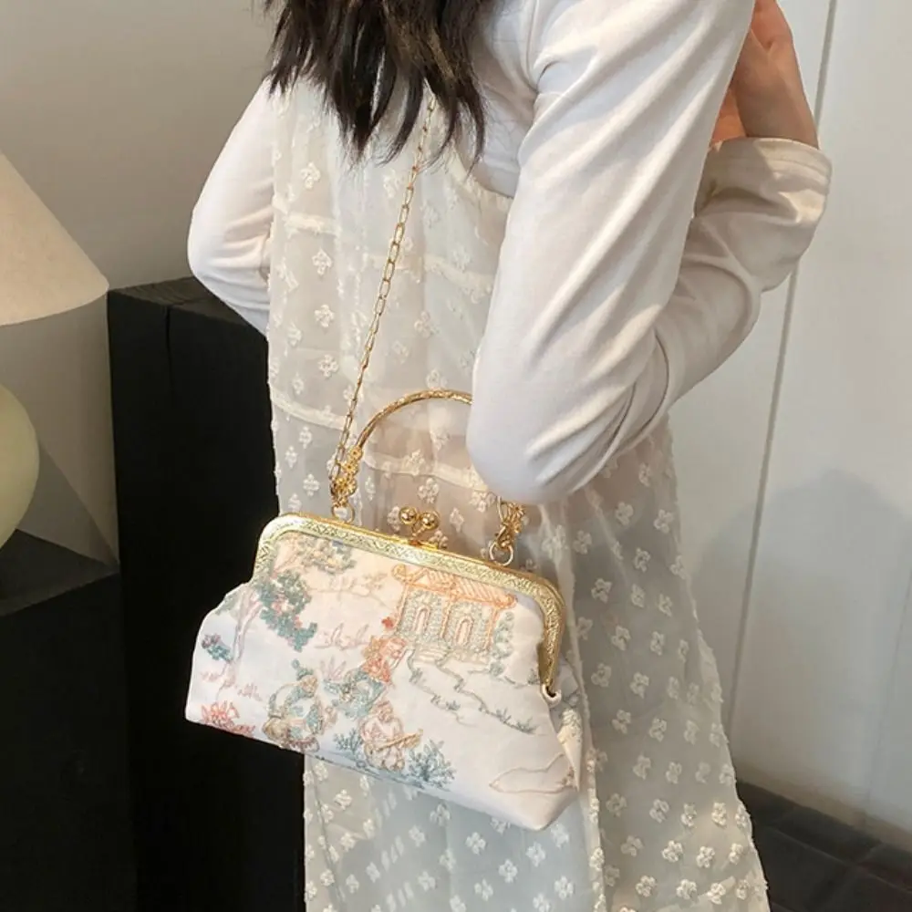 Accesorios Cheongsam, bolso de mano bordado Retro, bolso de muñeca de gran capacidad, bolso de hombro Hanfu, bolso cruzado con cierre de beso