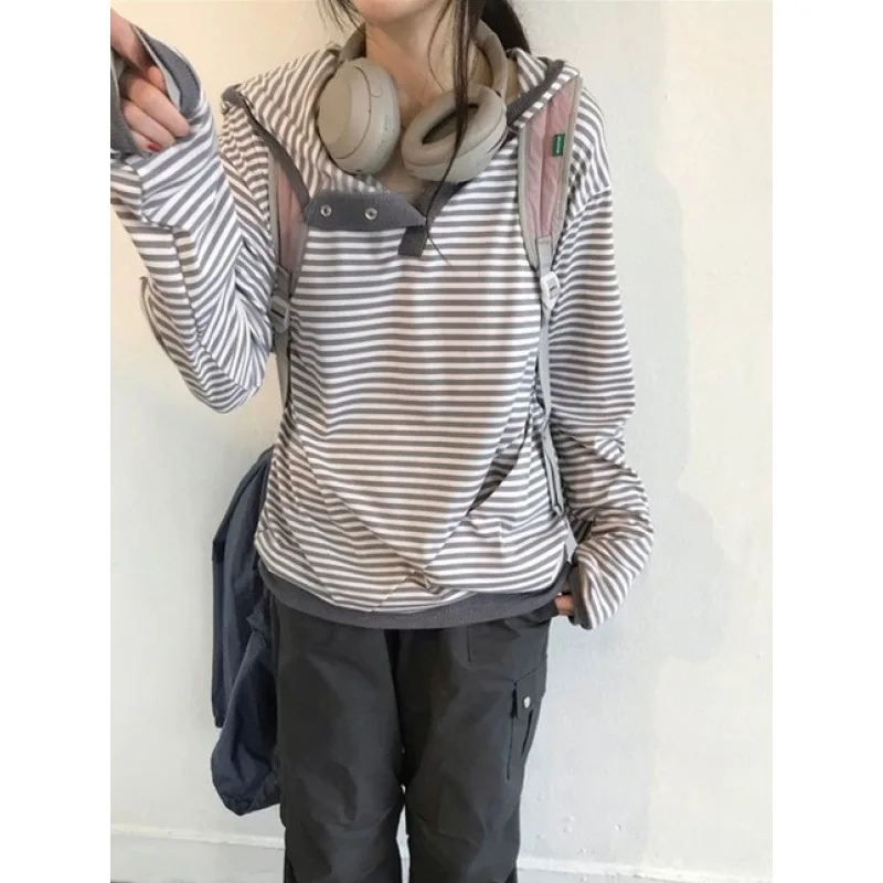 European and American original style concealed button hooded long sleeved striped top casual women's hooded T-shirt top