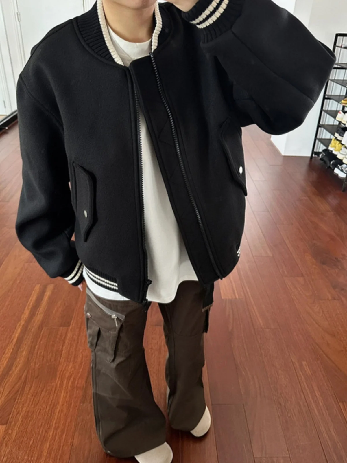 

Bla ort Woolen Baseball Jaet Men's Spring Autumn Sle Cleanfit American Faion ape Trendy Brand Coat Loose Fit Poly...