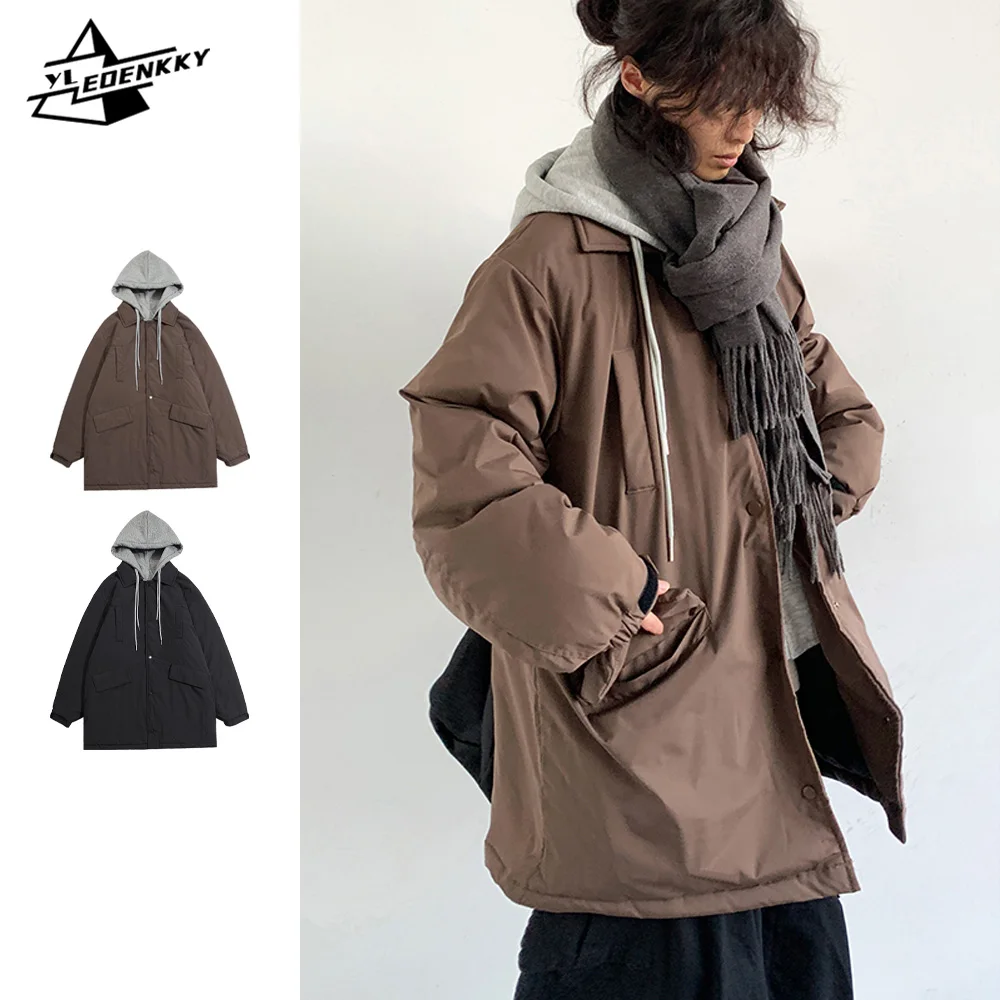 Vintage Warm Parka Men Women Preppy Fake Two-piece Hooded Windbreaker Winter Thickened Loose Cotton Jacket Street Couple Coats