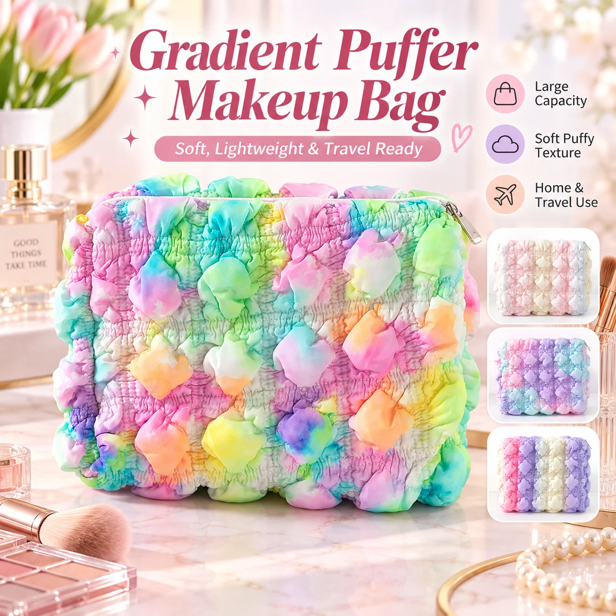 Puffer Gradient Makeup Bag Soft Puffy Cosmetic Pouch Large Capacity Portable Travel Toiletry Bag For Women Travel Organizer