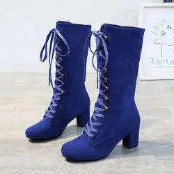 Footwear Cosplay Elegant Heeled Ladies Boots High Heels Shoes for Women Lace-up with Laces Mid Calf Blue Half Platform Chic Boot