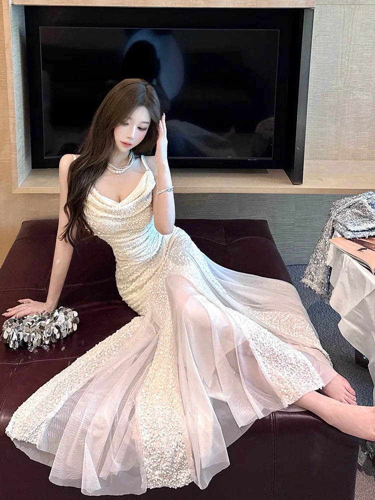 

Ele Luxury Year End Dinner High Waist Fi Tail Long Dr Svel ter Ne Gown French Sle Spring Autumn Winter