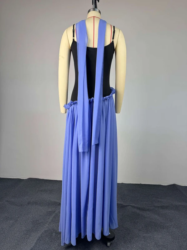 Damen Maxikleid mit Spaghettiträgern, Farbblock-Chiffon, langes Kleid mit Halter-Schal-Dekor, Rüschenbesatz, elegante Party- und Abendkleider – Detail 9