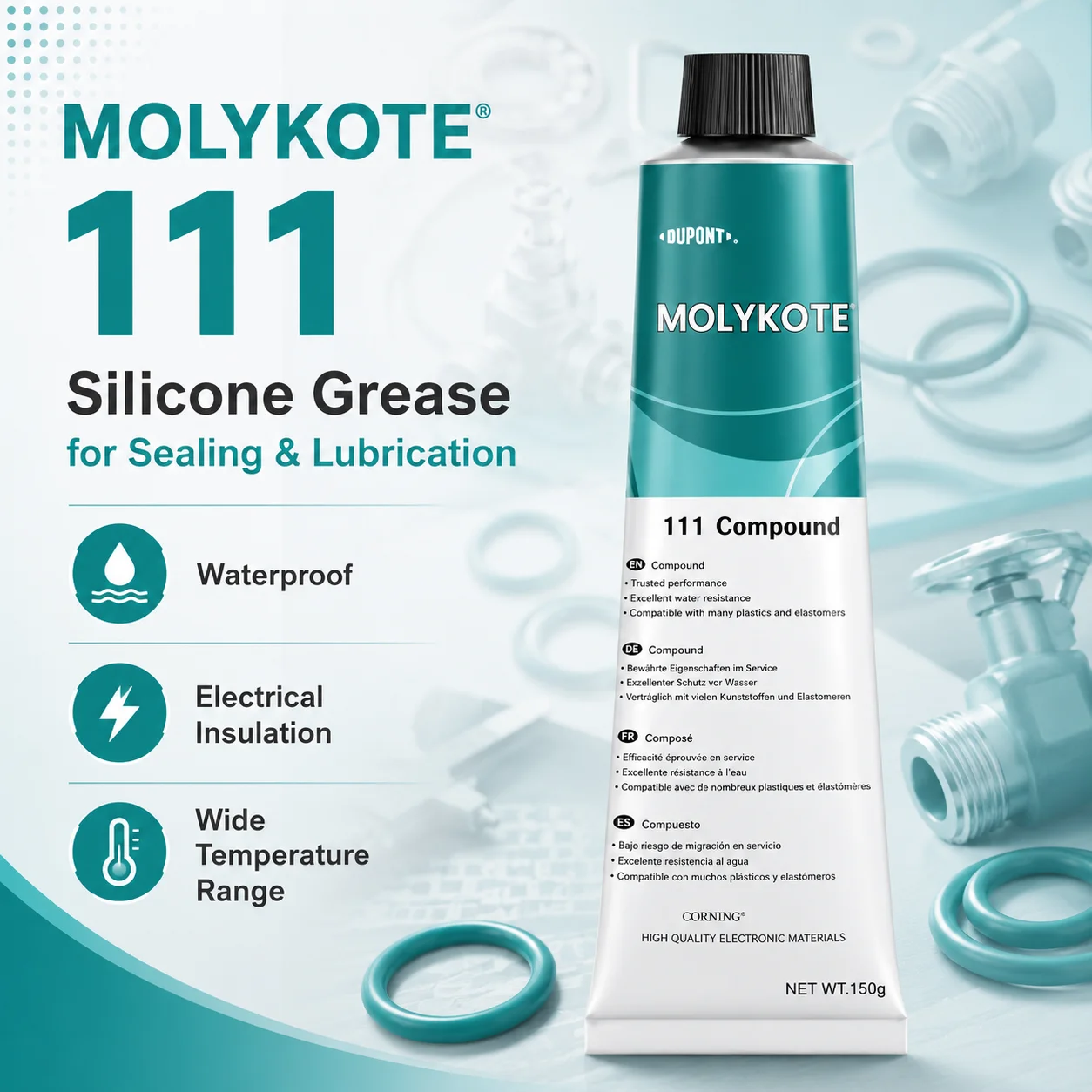 Original Molykote 111 Silicone Grease Waterproof Sealant for O-Rings Valve Lubricant  50g  150g