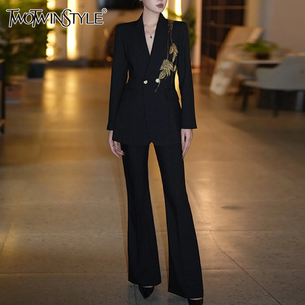 

TWOTWINSTYLE Hit Color Two Piece Set for Women Notched Collor Long Sleeve Coat High Waist Wide Leg Pants Sets Female