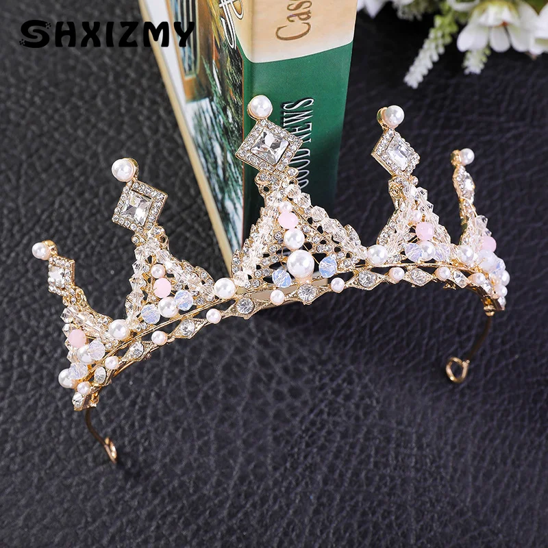 

Crown Tiara New Children's Crystal Pearl Handmade Crown Princess Girls Birthday Show Party Hair Accessories