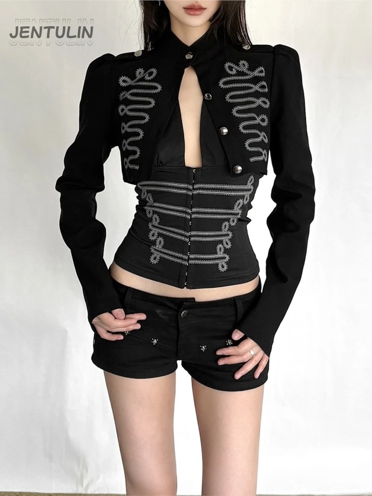 Y2K New Women 2 Piece Outfit Military Embroidered Cropped Jacket & Halter Top SetSlim Waist High Street Hot Girls Fashion Suit
