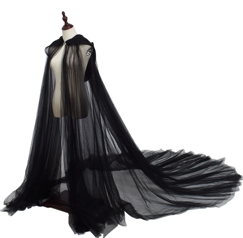 Disfraz de Halloween para mujer, capa de tul con capucha, color negro, blanco y rojo, longitud hasta el suelo, vestido de boda