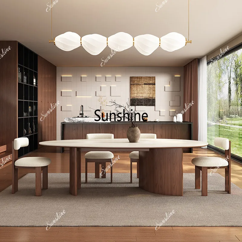 New Chinese travertine rock slab solid wood dining table and chair combination modern simple light luxury