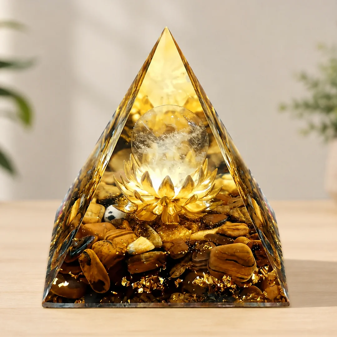 Orgonite Pyramid Tiger Eye Stone Golden Lotus Crystal Sphere Reiki Chakra Healing Meditation Home Desk Decor Resin Craft Gift