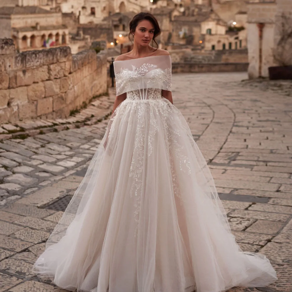 Shiny Beads Sequins Lace Wedding Dresses Western Garden Country A-Line Bridal Gowns With Detachable Shawl Vestido De Novia