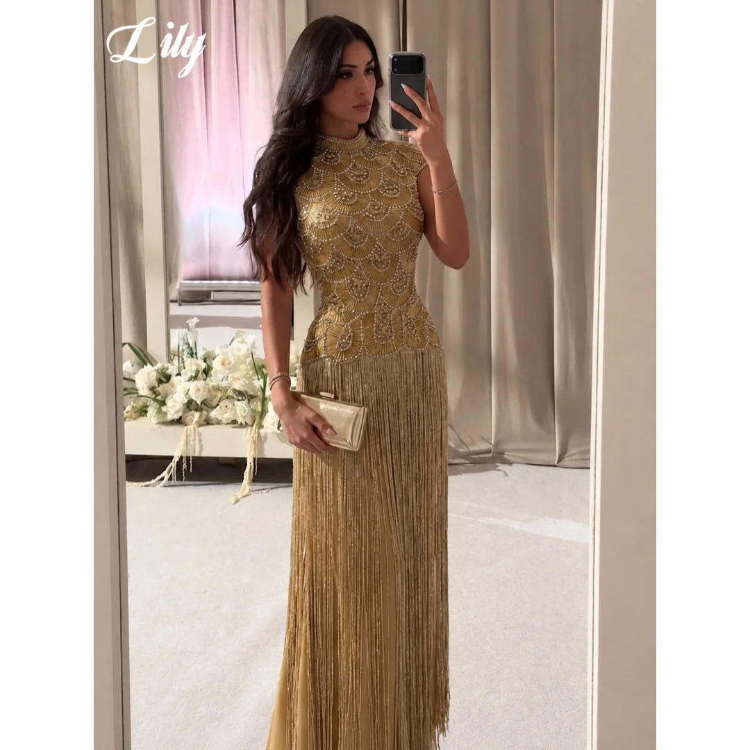 Lily Luxury Beaded Tassel Prom Dress Golden High Neck Evening Gown With Handmade Rhinestone Beaded Fringe Party Dress Customized image 3