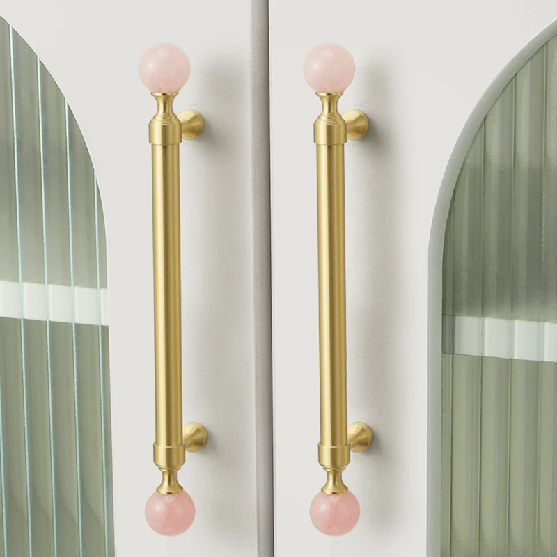 Pink Rose Quartz + Brass Cabinet Pulls,Natural Crystal Ball Knobs for Kitchen Cupboard Dresser Wardrobe, Gold Furniture Hardware