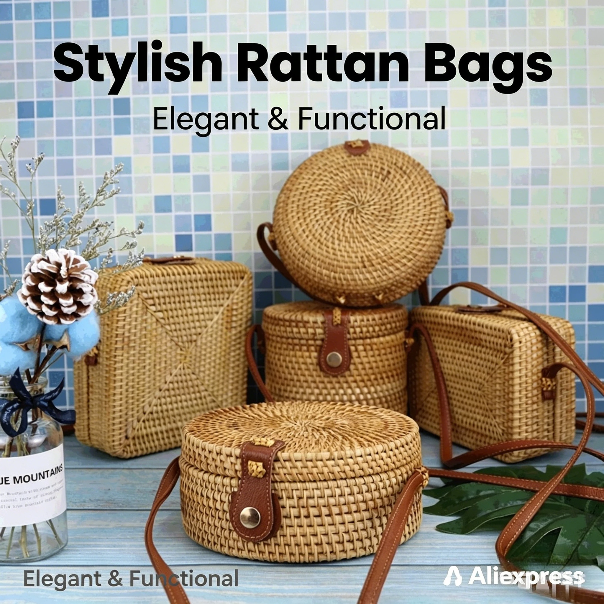 

Handmade Rattan Woven Crossbody Bags Natural Straw Bohemian Beach Bags with Leather Straps Perfect for Vacation